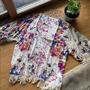 White, Flowered Kimono with white fringe detail